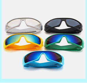 Detailed view of futuristic Y2K sports sunglasses in five vibrant frame color options