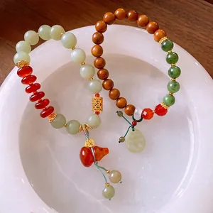 New Chinese style jade agate gourd bracelets and wooden bead lotus root charms set