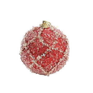 8cm red Christmas ball with golden grid texture and sparkling beads for holiday decor