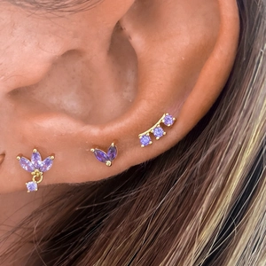 S925 silver crown stud earrings set with purple zircons shown on model's ear