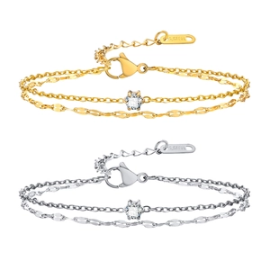 Bracelet double couche en acier inoxydable plaqué or 18k avec un cristal zircon