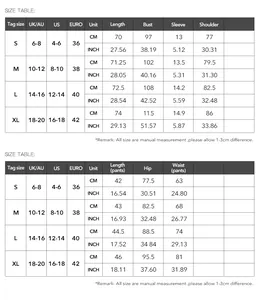 Guide des tailles détaillé pour ensemble haut col V et pantalon avec unités UK, US, EURO