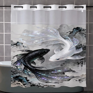 Waterproof polyester shower curtain with double koi fish and translucent mesh header
