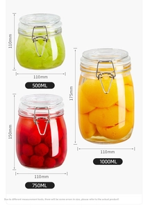 Three glass storage jars in 500ml, 750ml, and 1000ml sizes with metal buckle lids