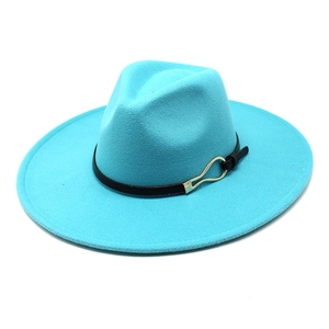 Detail of teal wool fedora hat with black leather band and gold metallic buckle accent