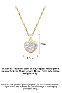 Detailed view of gold heart pendant with crystal inlay and titanium steel chain measurements