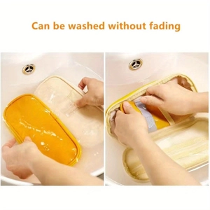 Washable canvas pencil case showing hand washing process without fading colors