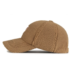 Brown fleece baseball cap for women featuring red heart embroidery and warm teddy texture