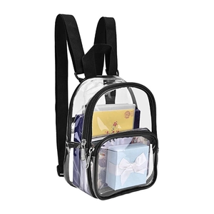 Détail du mini sac à dos en PVC transparent avec sangles noires montrant la capacité