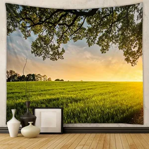 Tapisserie Murale Paysage Naturel Coucher De Soleil Champ Vert Arbre Tissu Polyester Décoration Chambre Style Bohème