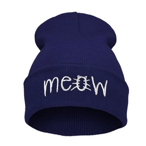 Navy blue ribbed knit beanie featuring a white embroidered MEOW text with cat design
