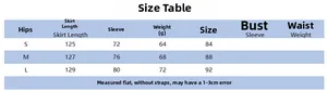 Size chart table with detailed measurements for summer strapless printed long dress