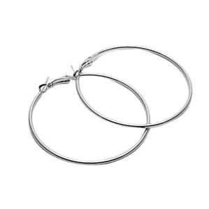 Minimalist silver large hoop earrings with pin closure on white background