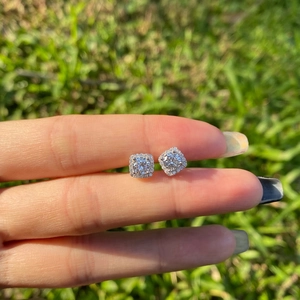 Detailed view of square halo S925 sterling silver stud earrings with zircon insets