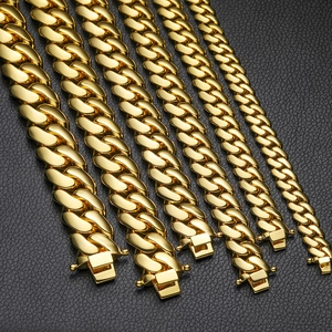 Multiple sizes of golden Cuban link bracelets on black leather, 10mm to 22mm widths