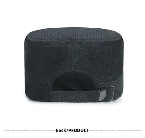 Back view of black flat top cap featuring adjustable metal buckle and textured fabric