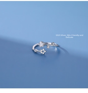 Macro detail of S925 sterling silver star ring with sparkling cubic zirconia inlay