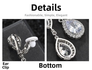 Detailed close-up of pear-cut cubic zirconia clip-on earrings with soft silicone pads