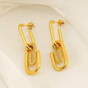 Gold plated stainless steel paperclip drop earrings with sparkling pavé zircon stones
