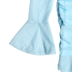 Detail of light blue glitter fabric with pleated texture and flared bell sleeve design