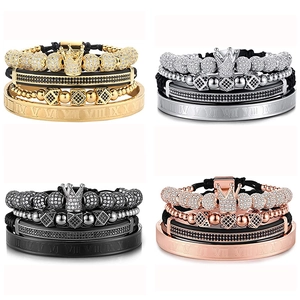Detailed grid view of luxury crown bead bracelets and Roman numeral bangles in four metal tones