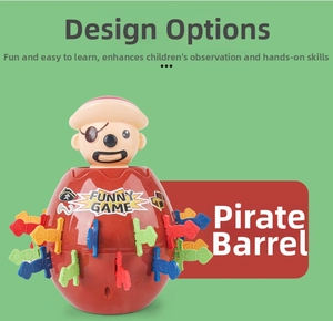 Close-up of pirate barrel toy with colorful plastic swords and pirate head character