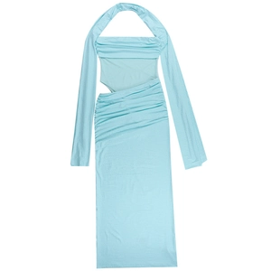 Detail of light blue glitter tube dress with waist cut-outs and pleated textured fabric