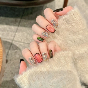 Three-color gradient cat eye press-on nails with sparkling rhinestones and gems