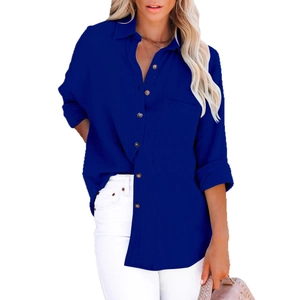 Women's royal blue cotton linen shirt with long sleeves and button-down v-neck design
