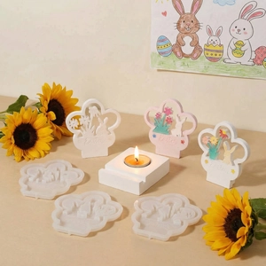 Easter rabbit silicone molds set with flower petal frames and candle holder base