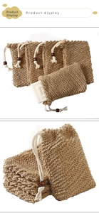 Detailed view of sisal soap pouch with natural texture and drawstring wooden bead