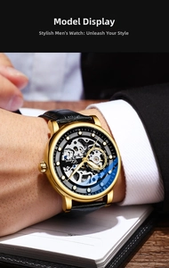 Detail of Chenxi automatic skeleton watch with golden case and leather strap in office setting