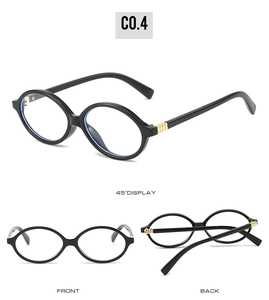 Three-angle view of oval black sunglasses frames showing front, back, and 45-degree angles
