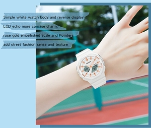 Close-up of SANDA white dual-display sports watch with rose gold details on female wrist