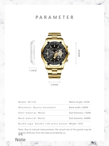 Detailed specs of men's quartz watch with 46mm large black dial and gold metal strap