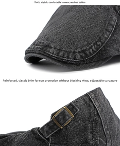 Macro shot of dark grey washed denim flat cap showing reinforced brim and metal buckle