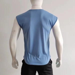 Detail view of the light blue men's athletic tank top back featuring a curved hem design