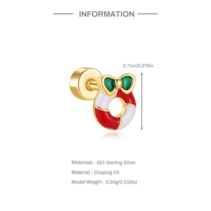 Detailed view of S925 sterling silver Christmas wreath stud earring with dripping oil