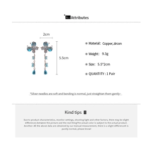 Detailed size specifications for butterfly tassel earrings with zircon inlays and silver post