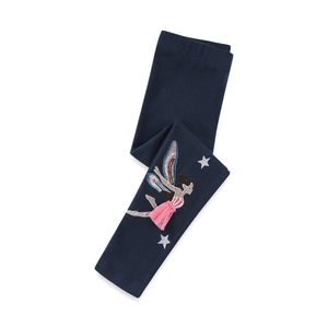 Girls navy blue leggings featuring fairy embroidery and 3D pink tulle wing details
