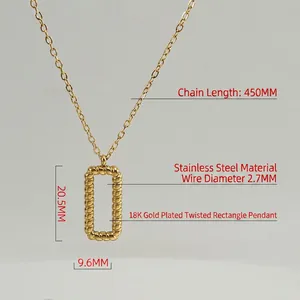 18K gold plated stainless steel necklace with textured rectangular twist pendant