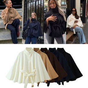 Women Cape Coat Woolen Feel Stand Collar Single Breasted Belted Loose Poncho Jacket Elegant Outerwear