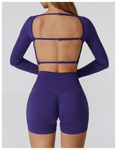 Close-up of seamless yoga set featuring open back design and high waist shorts
