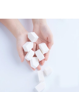 Hand holding house-shaped hydrophilic non-latex makeup sponges on a white background