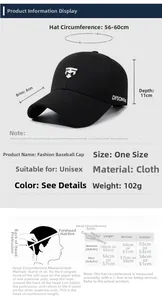 Guide des tailles pour casquette de baseball, tour de tête ajustable 56-60cm et visière 8cm