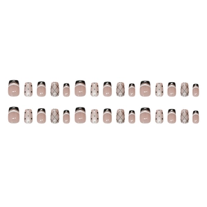 Faux ongles français à pois noirs et motifs quadrillés, ensemble de 24 pièces