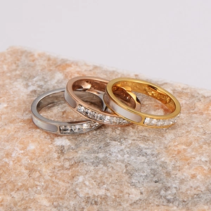 Elegant stainless steel square zircon rings with white shell inlay in three colors