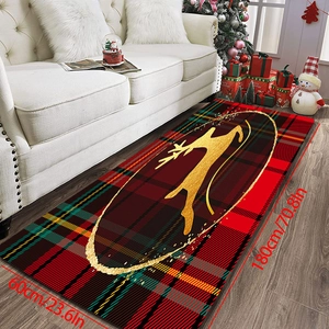Detailed view of reindeer head print on red tartan Christmas runner rug 60x180cm