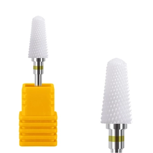 White ceramic nail drill bit with coarse cone head and yellow base for electric file