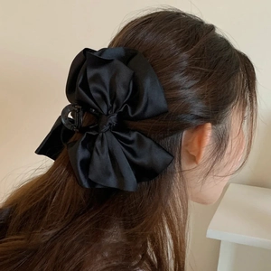 Elegant large black satin fabric multi-layer bow hair claw clip for women back view